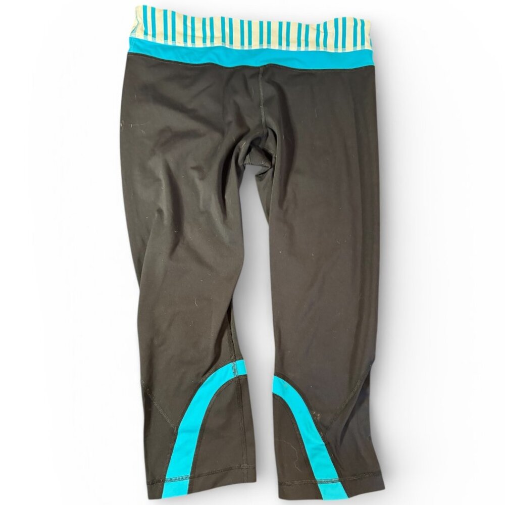 lululemon Run Pace Crop Leggings Women’s 8 Black Aqua Striped Waist EUC